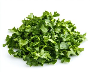 Fototapeta premium Freshly chopped green herbs, likely cilantro, arranged in a pile on a white background.