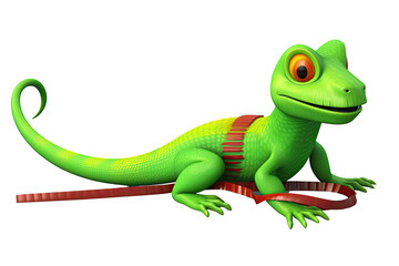 A cartoonish green lizard with a friendly expression, wearing a harness and leash.