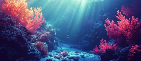 Fototapeta premium Underwater coral reef scene with sunbeams.