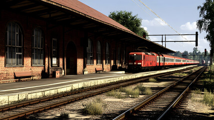 Vintage red train arriving at a rustic brick railway station platform on a sunny day.  Perfect for travel, transportation, or nostalgic themes.