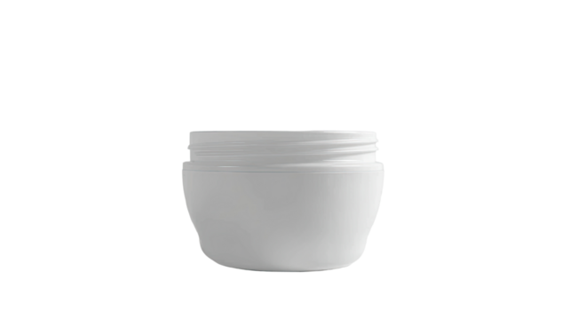 A plain white container with a lid, often used for cosmetics or skincare products.