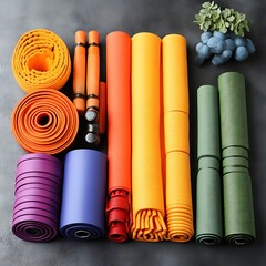 Colorful Yoga Mats Fitness Equipment Rolled Up Dark Background
