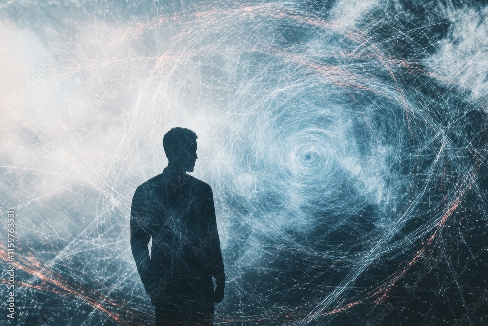 Poster exploring the depths of loneliness through a human silhouette engulfed in abstract spirals and lines