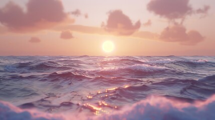 Obraz premium Serene ocean sunset with pink clouds and gentle waves.