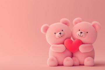 3D character cute twor mini bears hugs red heart for happy valentine's day. Generative ai.