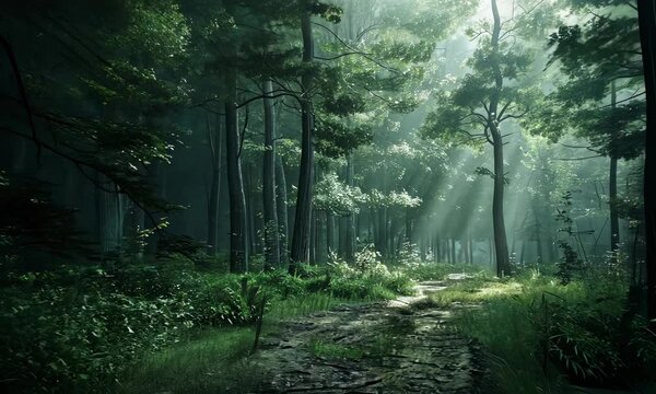 Misty forest trail with sunlight filtering through trees