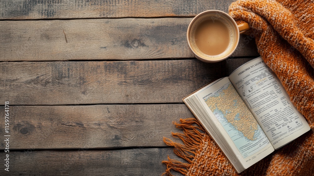 Poster cozy travel flatlay with a cup of coffee and an open travel guide on a wooden table. generative ai