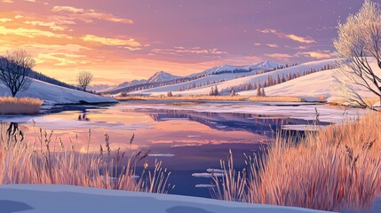 Obraz premium Serene winter sunset over a frozen lake reflecting snowy mountains.