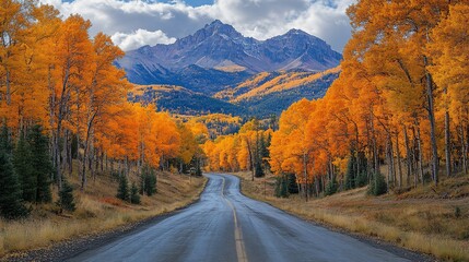 Autumn Road Winding Through Golden Aspens Towards Majestic Mountains