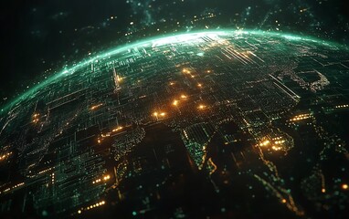 A futuristic depiction of Earth with illuminated data transfer lines and a global network connecting different regions, representing the power of cyber technology