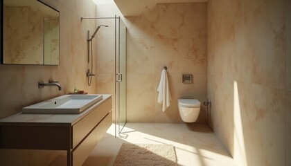  A modern bathroom features a white sink, toilet, and shower, with a large mirror and a beige rug, bathed in natural light.