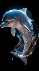 Naklejka premium Dolphin leaping from water, glowing, dark background.
