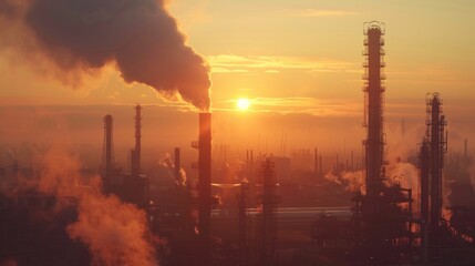 Sunset over industrial refinery with smoke stacks emitting pollution.