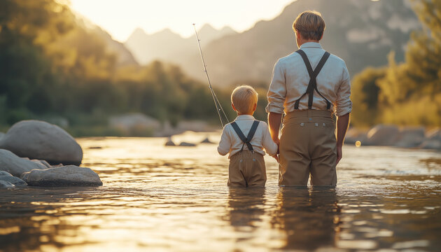 Father and blonde son wear same light colour linen shirts with suspender staying in mountain river waters in Waders and Angling using FLY FISHING RODS with lines lifted with sunset light.