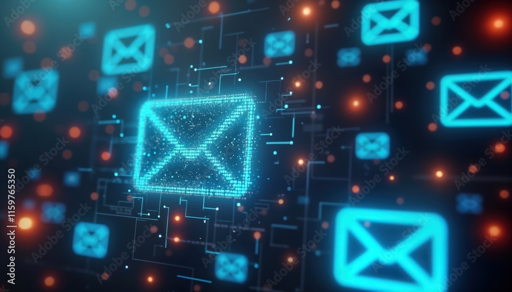 Poster futuristic email icons glow in cyberspace. digital message symbols float on network pathway. abstrac