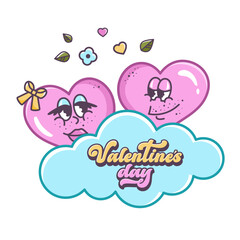 Valentine characters smile at each other. Flirting couple. Hand drawn outline template in Retro style. Valentines clip art. Comic Groovy hearts in cartoon style. Valentines text. Vector