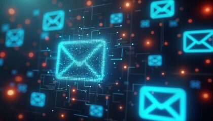 Futuristic email icons glow in cyberspace. Digital message symbols float on network pathway. Abstract tech concept with glowing neon light. Virtual email communication in digital space. Modern