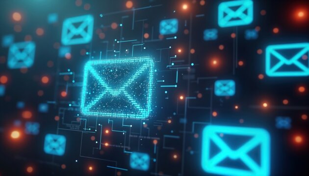 Futuristic email icons glow in cyberspace. Digital message symbols float on network pathway. Abstract tech concept with glowing neon light. Virtual email communication in digital space. Modern