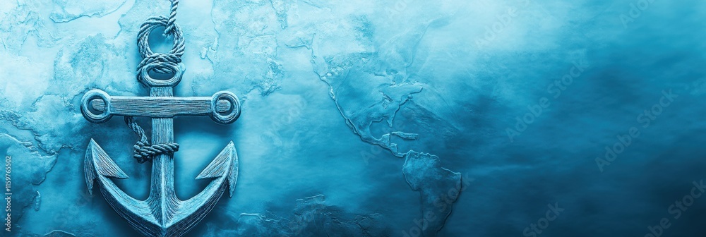 Poster Nautical map background featuring a wooden anchor and space for text with a blue icy theme. Generative AI