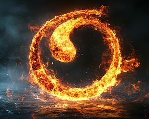 A bold, burning Yin Yang symbol set against a dark background, flames dancing along the edges, representing the clash of light and dark energies