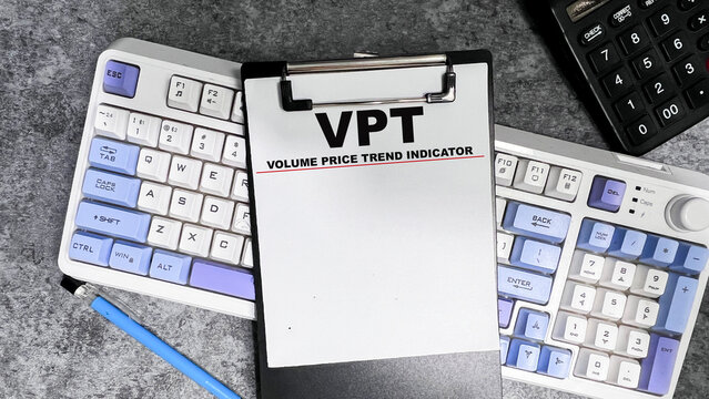 Concept of VPT - Volume Price Trend Indicator write on paperwork isolated on Wooden Table.