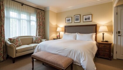  A serene bedroom features a large bed with white linens, a wooden nightstand with a lamp, a beige sofa with floral pillows, and a window with white curtains.