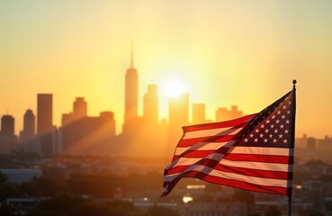 American flag waves proudly in golden sunrise above city skyline. Patriotic scene of urban landscape. Morning light illuminates buildings. Symbol of freedom, national pride. Sunrise view of busy city.