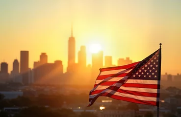 Keuken foto achterwand American flag waves proudly in golden sunrise above city skyline. Patriotic scene of urban landscape. Morning light illuminates buildings. Symbol of freedom, national pride. Sunrise view of busy city. © Maryna