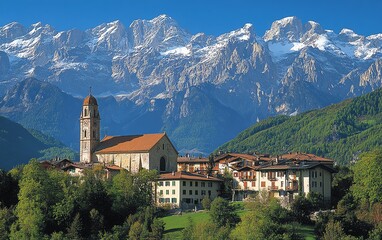 A scenic photograph of Rocca Pietore village, showcasing its iconic church at the foot of the Marmolada, surrounded by the aweinspiring Dolomites