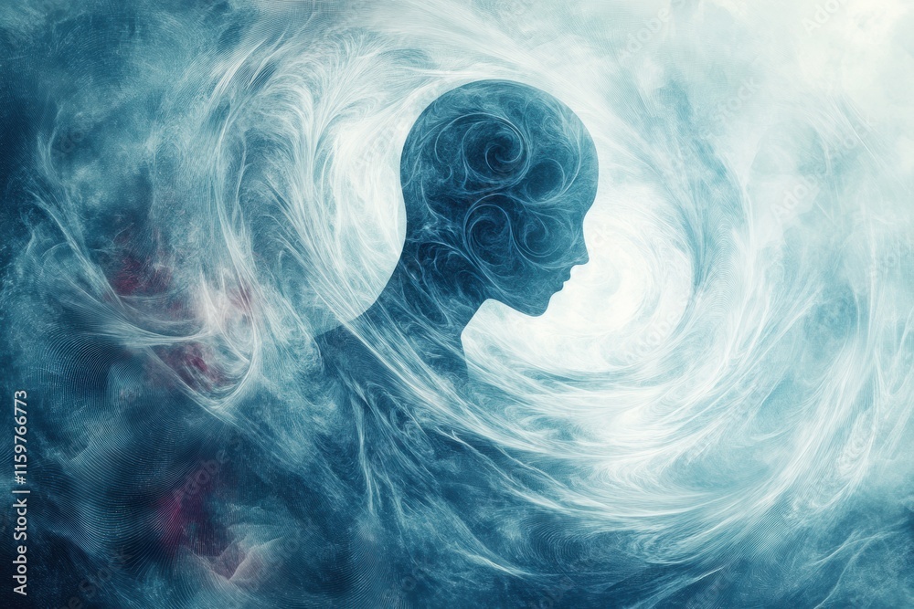 Aufkleber Human silhouette immersed in abstract whirlwind symbolizing loneliness and isolation in a dreamlike environment. Generative AI