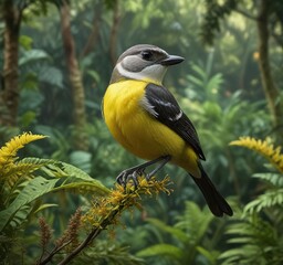 Fototapeta premium A Bananaquit on a firespike plant in a lush forest environment with dense foliage, forest,
