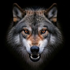 Fototapeta premium The muzzle of an evil wolf on a black background