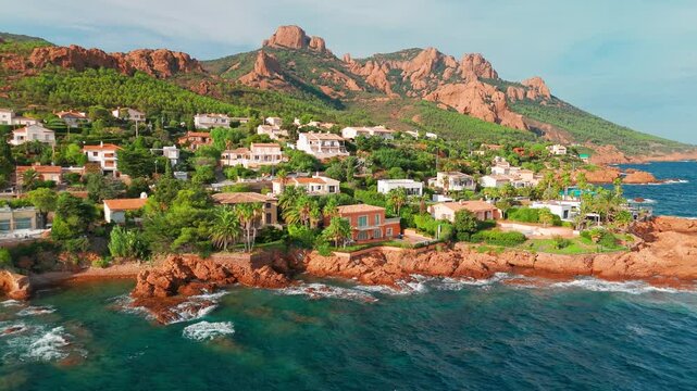 Aerial view of the village of Antheor on the French Riviera at sunset