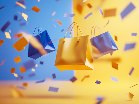 Trois cabas de course color&eacute;s au milieu de papiers color&eacute;s, symbole du shopping et du consum&eacute;risme joyeux, en 3D