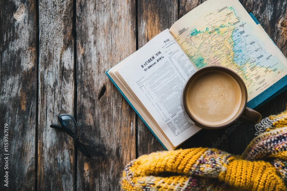 Aufkleber Cozy flatlay featuring a cup of coffee and an open travel guide on a rustic wooden table. Generative AI
