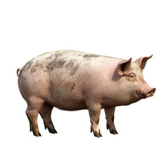 Fototapeta premium A pig standing on a transparent background. Pig has textured pink skin, snout, and floppy ears. Ideal for farm or agricultural themes.