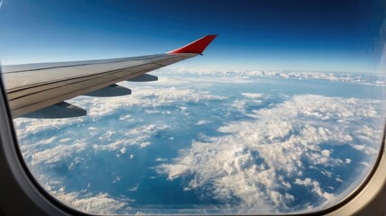 Obraz premium vacation mode, Airplane window showing endless blue skies and clouds