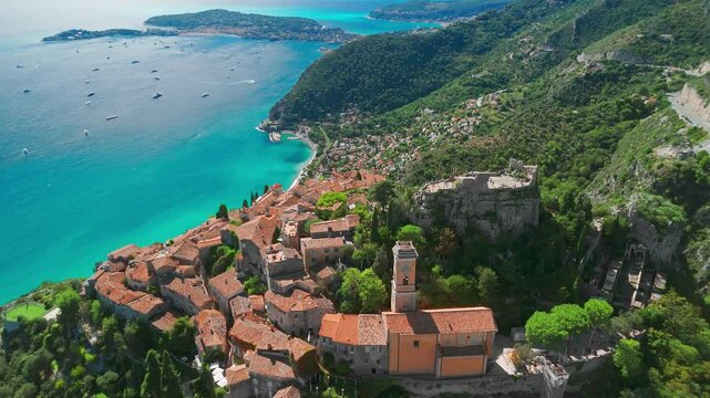 Aerial view of the medieval village of Eze, French Riviera, France.