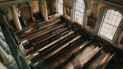 High-angle view of a rustic, empty church interior with wooden pews, aged walls, and sunlight streaming through tall windows.