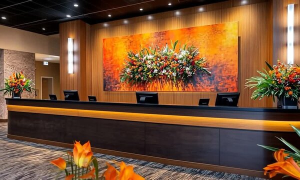 Modern reception area with vibrant floral artwork and decor.