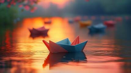 Fototapeta premium Paper Boats Floating on Sunset Water