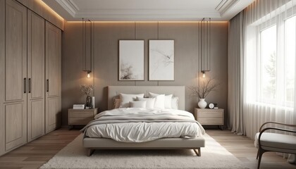  A modern bedroom features a large bed with white linens, wooden nightstands, and a large window with sheer curtains, complemented by a minimalist decor and warm lighting.