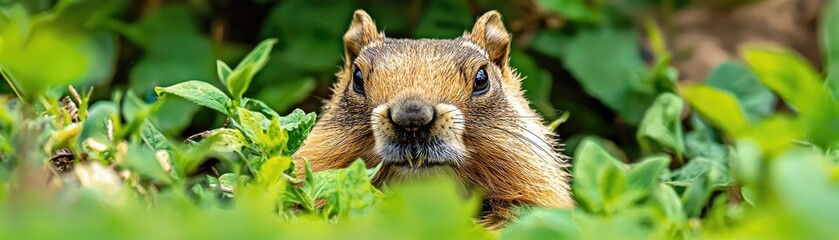 A close-up of a squirrel peeking through green foliage, showcasing its alert expression and intricate fur details.