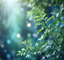 Naklejka premium Abstract artful scene of soft focus foliage on a blurred abstract blue background with bokeh lighting effects, soft focus, bokeh, abstract