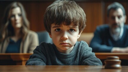 Sad boy sitting at a table in the background of his parents.