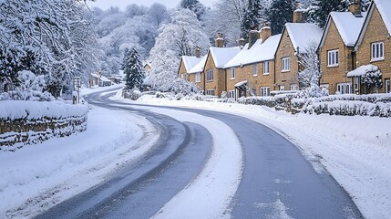 Fototapeta premium Snow-covered road winding through charming village houses.