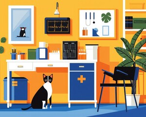 A colorful illustration of a cozy veterinary office featuring a desk, medical supplies, a cat, and decorative plants.