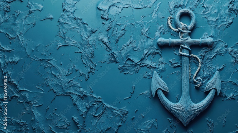 Leinwandbilder Nautical anchor on textured blue surface with ample space for additional text or design elements. Generative AI