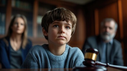 Sad boy sitting at a table in the background of his parents.