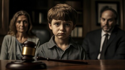 Fototapeta premium Sad boy sitting at a table in the background of his parents.